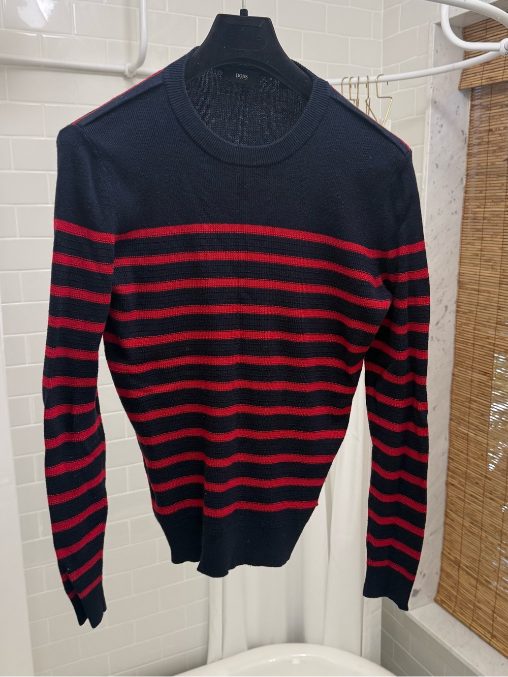 Boss Navy Blue Crewneck Sweater with Red Stripes